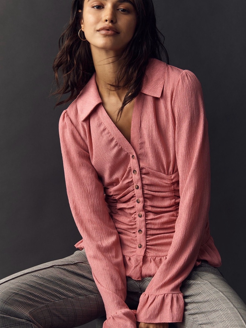 Anthropologie XL Maeve Deep Cherry Ruched V-Neck Ruffle Top NWT